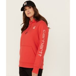 Carhartt Women's Relaxed Fit Midweight Logo Sleeve Graphic Sweatshirt in Coral